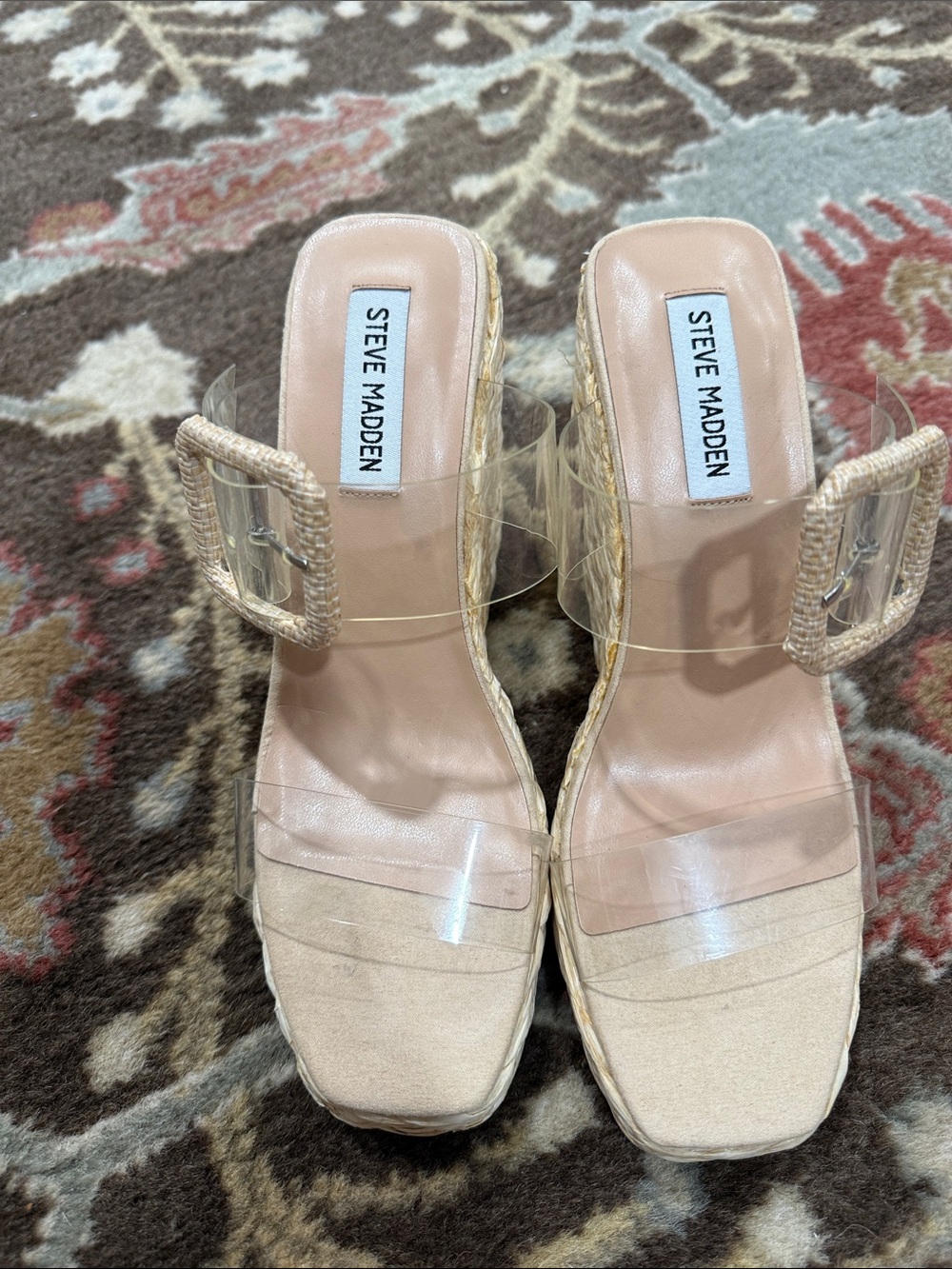 Steve Madden Beige Nude Clear Strap Espadrille Wedge Mules